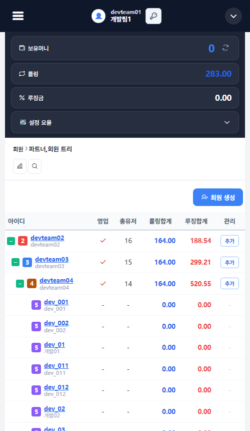 관리자 모바일 화면